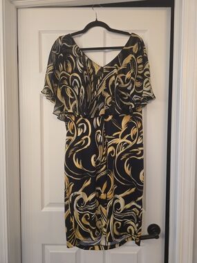Connected Apparel, Jersey Dress W/ Chiffon Overlay, Navy & Gold Swirl Midi Dress
